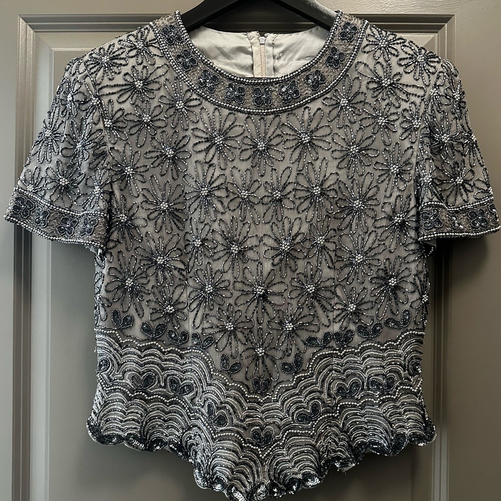 Vintage Adriana Papell Boutique Top size Small with Silk Slate Beaded Scalloped